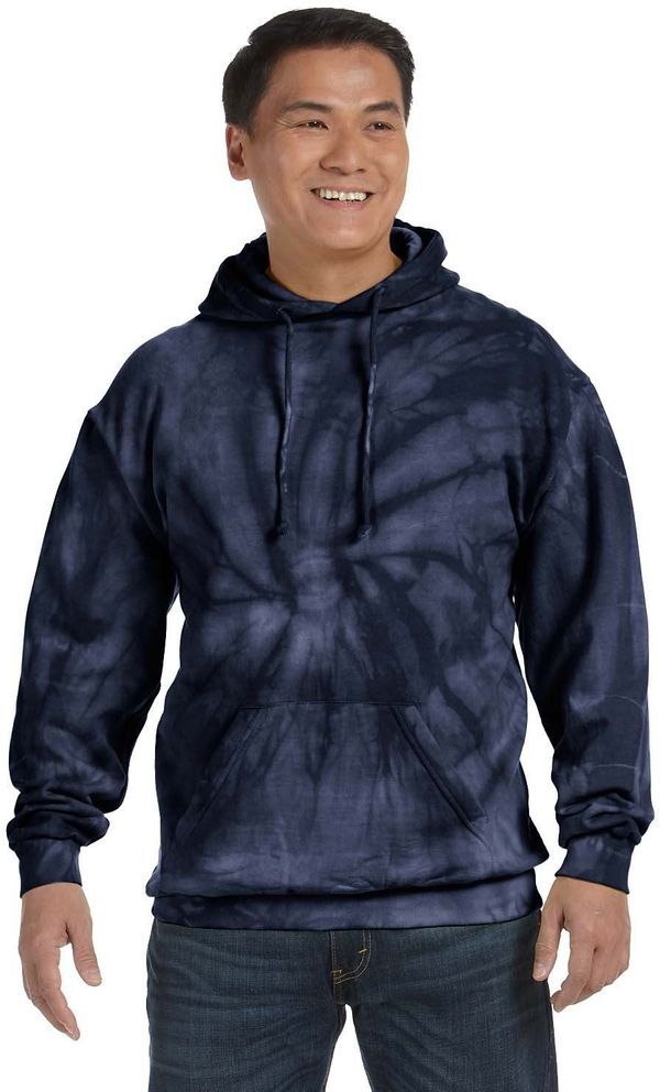 Am image of a Custom Tie Dye Adult Pullover Hooded Sweatshirt in Spider Navy!