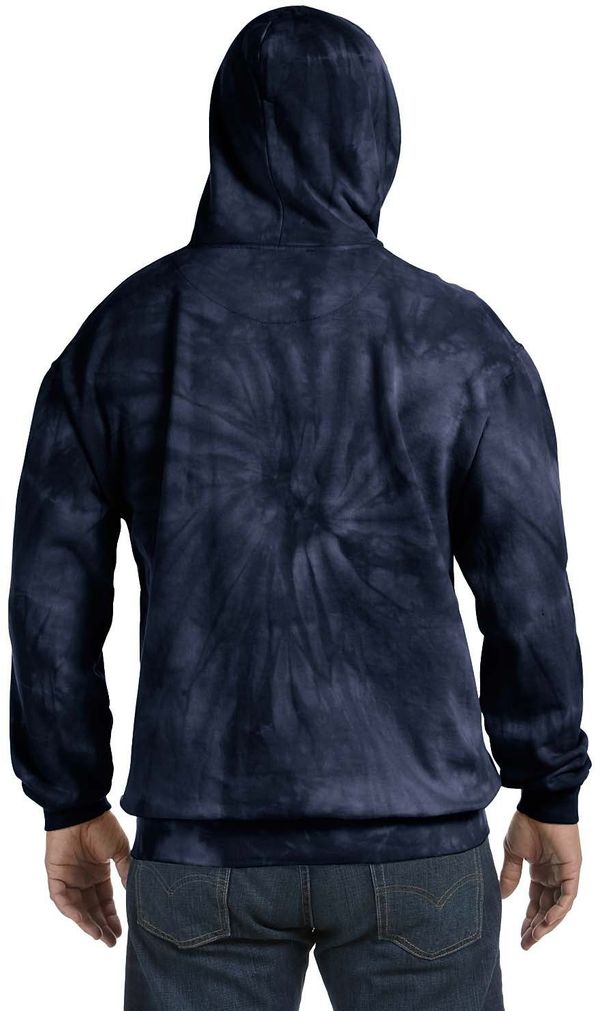 Am image of a Custom Tie Dye Adult Pullover Hooded Sweatshirt in Spider Navy!
