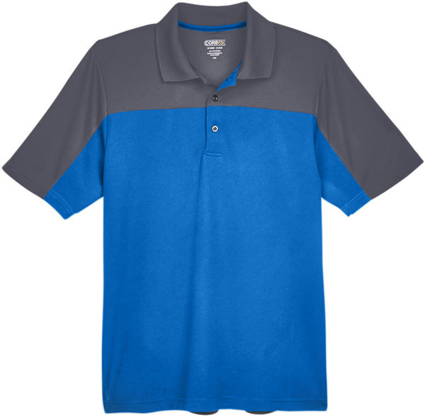 An image of a Custom Core 365 Men's Balance Colorblock Performance Pique Polo in Tr Roy/ Crbn!