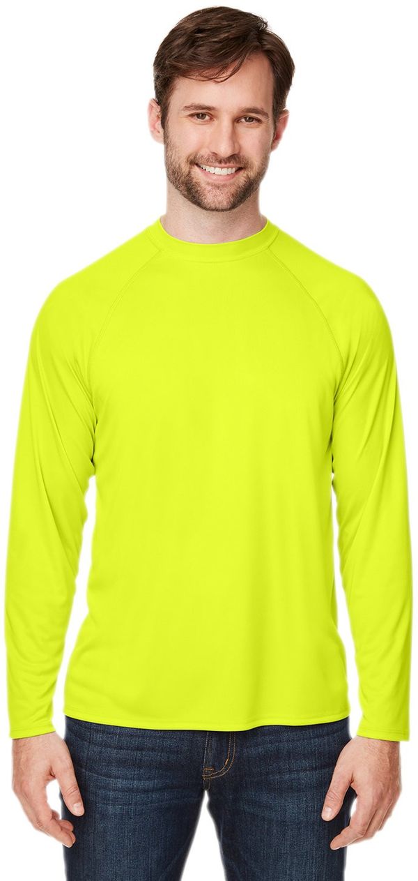 Am image of a Custom Core 365 Unisex Ultra UVP™ Long Sleeve Raglan T Shirt in SAFETY YELLOW!