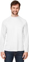 Am image of a Custom Core 365 Unisex Ultra UVP™ Long Sleeve Raglan T Shirt in WHITE!