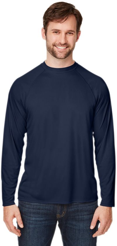 Am image of a Custom Core 365 Unisex Ultra UVP™ Long Sleeve Raglan T Shirt in CLASSIC NAVY!