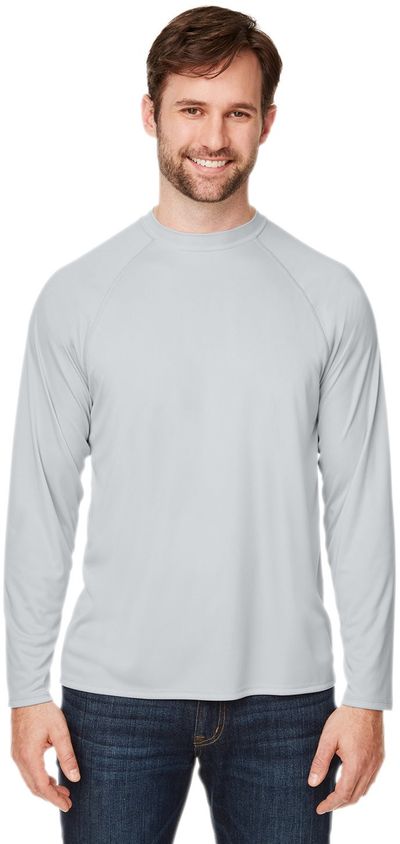 Am image of a Custom Core 365 Unisex Ultra UVP™ Long Sleeve Raglan T Shirt in PLATINUM!