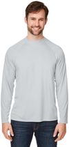 Am image of a Custom Core 365 Unisex Ultra UVP™ Long Sleeve Raglan T Shirt in PLATINUM!