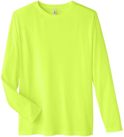 Am image of a Custom Core 365 Adult Fusion ChromaSoft™ Performance Long Sleeve T Shirt in Safety Yellow!