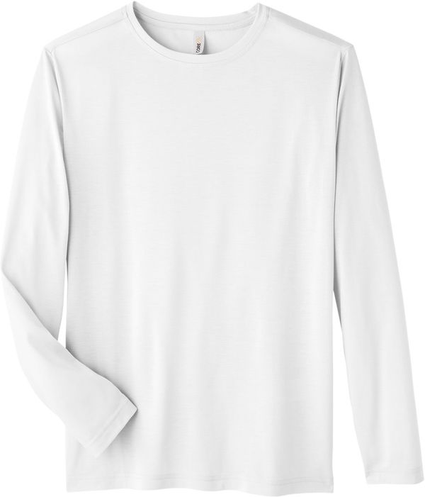 Am image of a Custom Core 365 Adult Fusion ChromaSoft™ Performance Long Sleeve T Shirt in White!