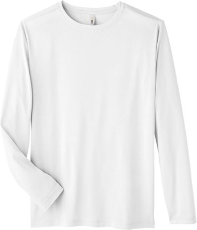 Am image of a Custom Core 365 Adult Fusion ChromaSoft™ Performance Long Sleeve T Shirt in White!