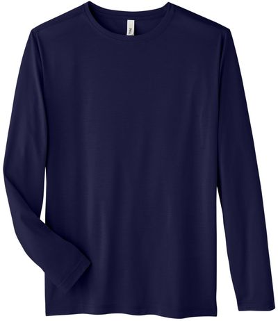Am image of a Custom Core 365 Adult Fusion ChromaSoft™ Performance Long Sleeve T Shirt in Classic Navy!