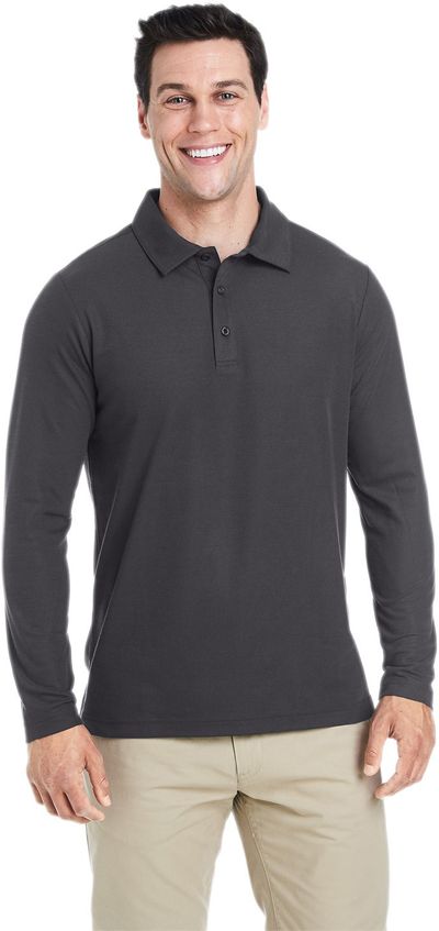 Am image of a Custom Core 365 Men's Fusion ChromaSoft™ Long Sleeve Pique Polo in Carbon!