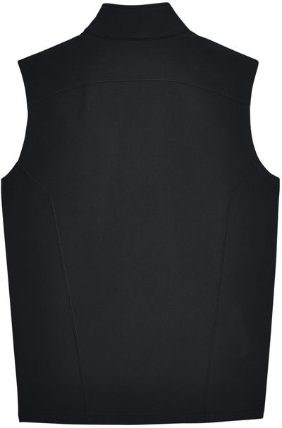 Am image of a Custom Core 365 Men's Cruise Two Layer Fleece Bonded Soft Shell Vest in Black!