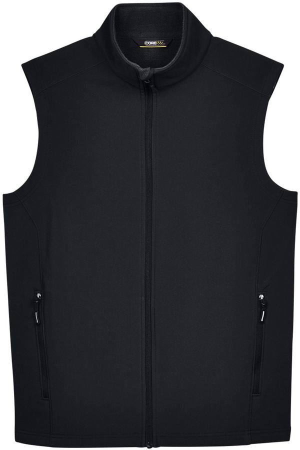 Am image of a Custom Core 365 Men's Cruise Two Layer Fleece Bonded Soft Shell Vest in Black!