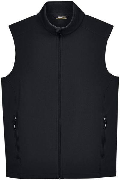Am image of a Custom Core 365 Men's Cruise Two Layer Fleece Bonded Soft Shell Vest in Black!