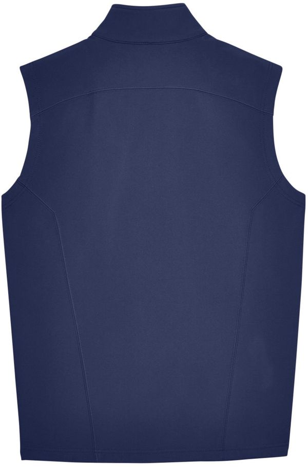 Am image of a Custom Core 365 Men's Cruise Two Layer Fleece Bonded Soft Shell Vest in Classic Navy!