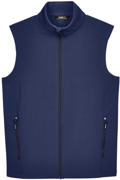 Am image of a Custom Core 365 Men's Cruise Two Layer Fleece Bonded Soft Shell Vest in Classic Navy!