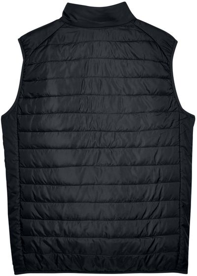 Am image of a Custom Core 365 Men's Prevail Packable Puffer Vest in Black!