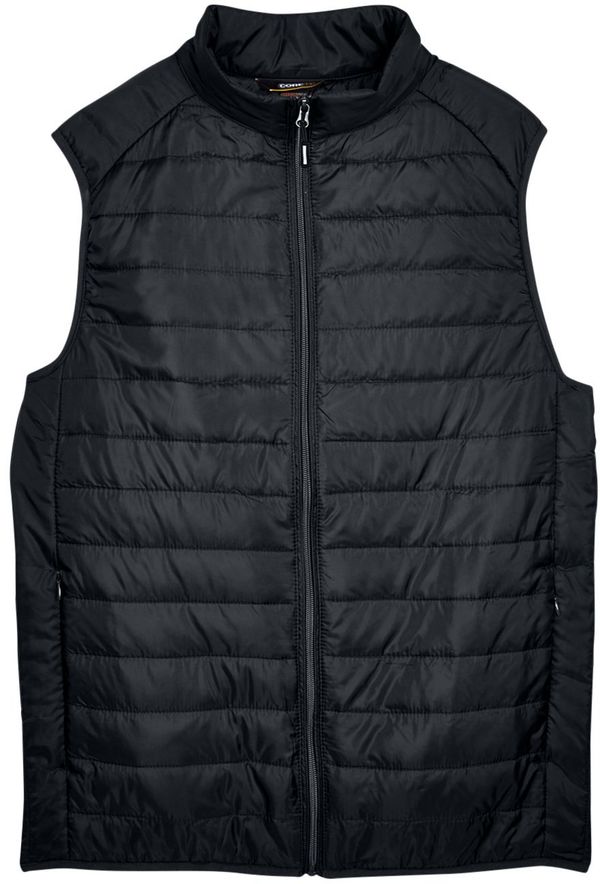 Am image of a Custom Core 365 Men's Prevail Packable Puffer Vest in Black!