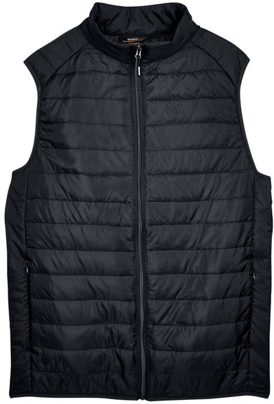 Am image of a Custom Core 365 Men's Prevail Packable Puffer Vest in Black!