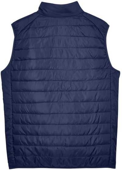 Am image of a Custom Core 365 Men's Prevail Packable Puffer Vest in Classic Navy!