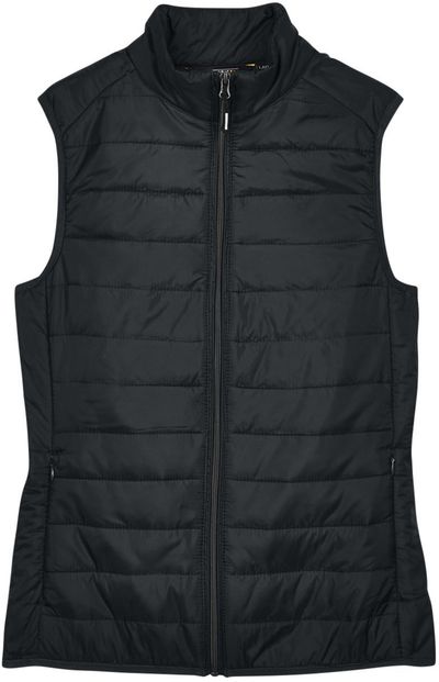 Am image of a Custom Core 365 Ladies' Prevail Packable Puffer Vest in Black!