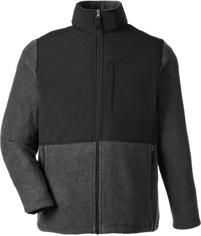 Am image of a Custom Core365 Men's Journey Summit Hybrid Full Zip in HTH CHRCOAL/ BLK!