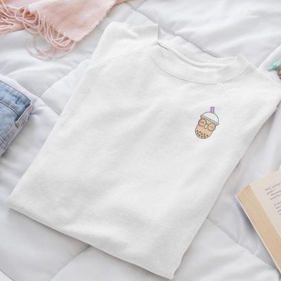 Check out this screen printed custom crewneck sweatshirt with a small boba tea design.