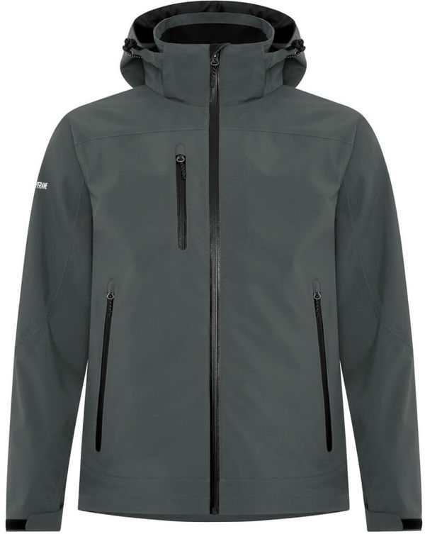Am image of a Custom Dryframe Tri Tech Waterproof Hard Shell Jacket in Asphalt!