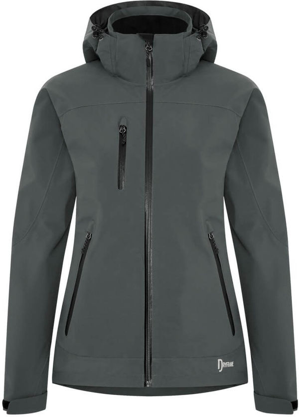 Am image of a Custom Dryframe Tri Tech Hard Shell Ladies Jacket in Asphalt!