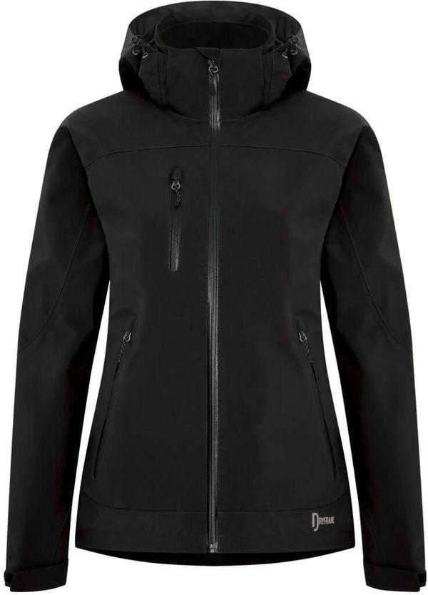 Am image of a Custom Dryframe Tri Tech Hard Shell Ladies Jacket in Black!