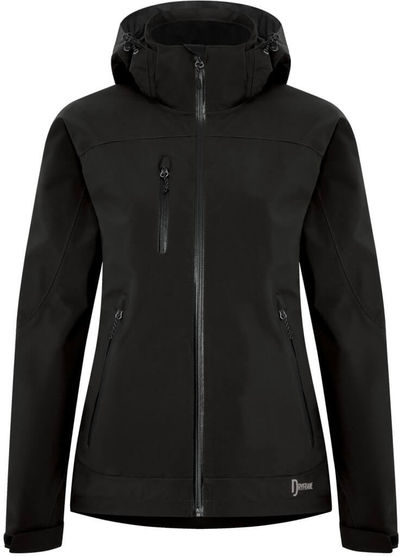 Am image of a Custom Dryframe Tri Tech Hard Shell Ladies Jacket in Black!