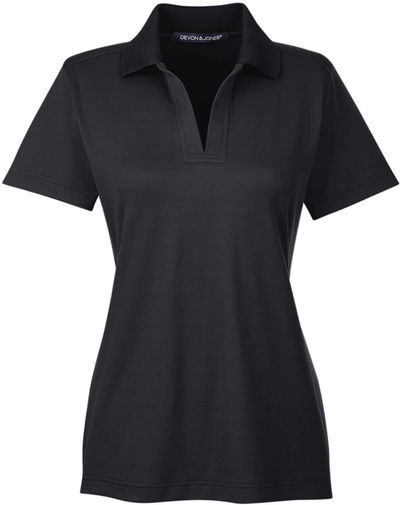 Am image of a Custom Devon and Jones CrownLux Performance Ladies Plaited Polo in Black!