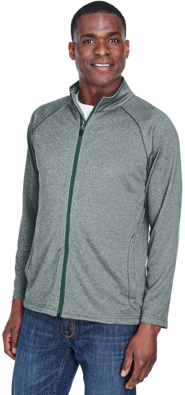 Am image of a Custom Devon & Jones Men's Stretch Tech Shell® Compass Full Zip in Forest Heather!
