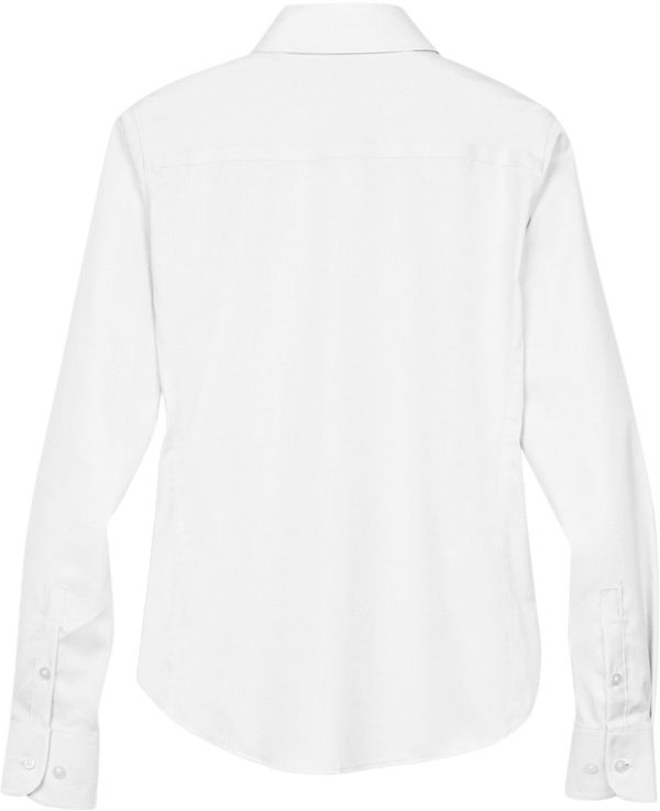 Am image of a Custom Devon and Jones Ladies Crown Collection Solid Stretch Twill Woven Shirt in White!