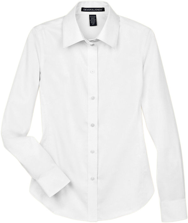 Am image of a Custom Devon and Jones Ladies Crown Collection Solid Stretch Twill Woven Shirt in White!