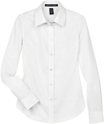 Am image of a Custom Devon and Jones Ladies Crown Collection Solid Stretch Twill Woven Shirt in White!