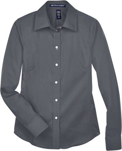 Am image of a Custom Devon and Jones Ladies Crown Collection Solid Stretch Twill Woven Shirt in Graphite!