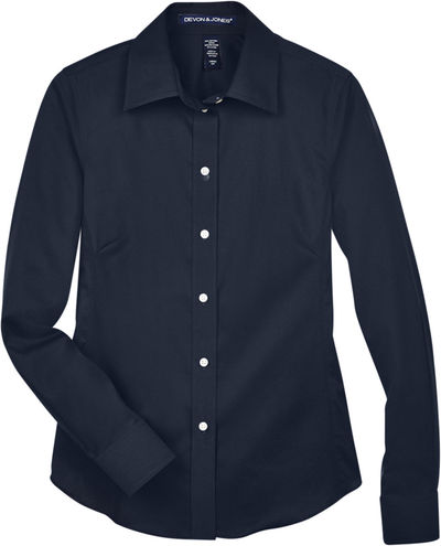 Am image of a Custom Devon and Jones Ladies Crown Collection Solid Stretch Twill Woven Shirt in Navy!