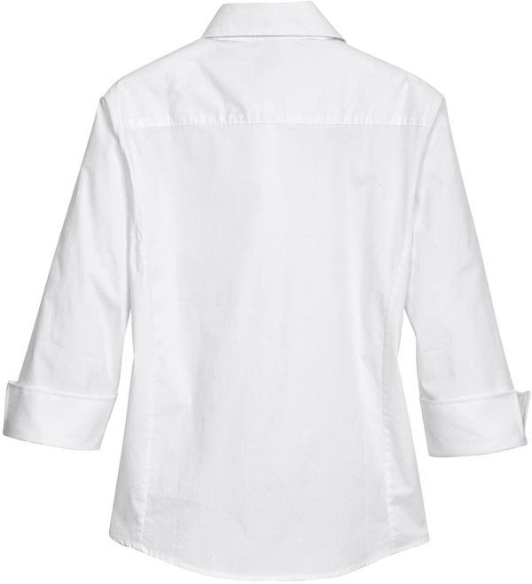 Am image of a Custom Devon and Jones Ladies Perfect Fit Three Quarters Sleeve Stretch Poplin Blouse in White!