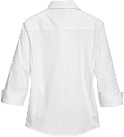 Am image of a Custom Devon and Jones Ladies Perfect Fit Three Quarters Sleeve Stretch Poplin Blouse in White!