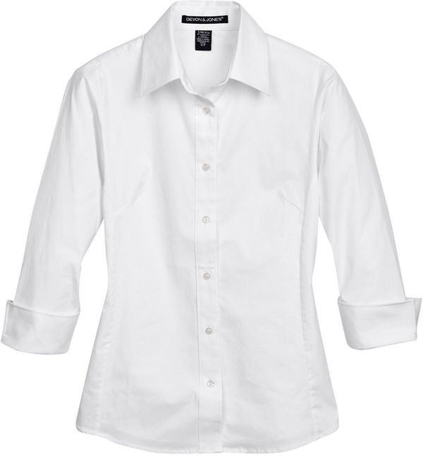 Am image of a Custom Devon and Jones Ladies Perfect Fit Three Quarters Sleeve Stretch Poplin Blouse in White!
