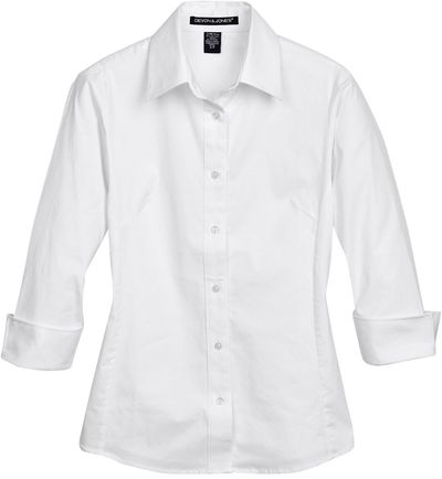 Am image of a Custom Devon and Jones Ladies Perfect Fit Three Quarters Sleeve Stretch Poplin Blouse in White!