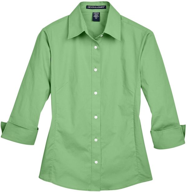 Am image of a Custom Devon and Jones Ladies Perfect Fit Three Quarters Sleeve Stretch Poplin Blouse in Lime!