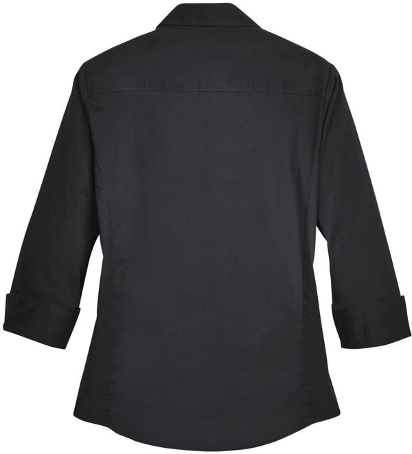 Am image of a Custom Devon and Jones Ladies Perfect Fit Three Quarters Sleeve Stretch Poplin Blouse in Black!