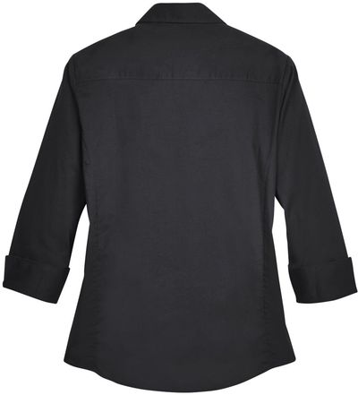 Am image of a Custom Devon and Jones Ladies Perfect Fit Three Quarters Sleeve Stretch Poplin Blouse in Black!
