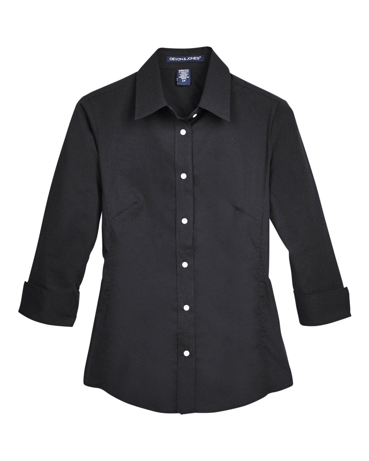 Devon and Jones Ladies Perfect Fit Three Quarters Sleeve Stretch Poplin Blouse in Black