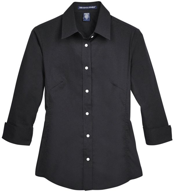 Am image of a Custom Devon and Jones Ladies Perfect Fit Three Quarters Sleeve Stretch Poplin Blouse in Black!