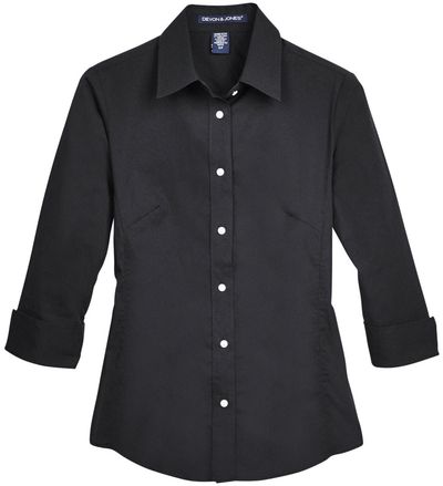 Am image of a Custom Devon and Jones Ladies Perfect Fit Three Quarters Sleeve Stretch Poplin Blouse in Black!
