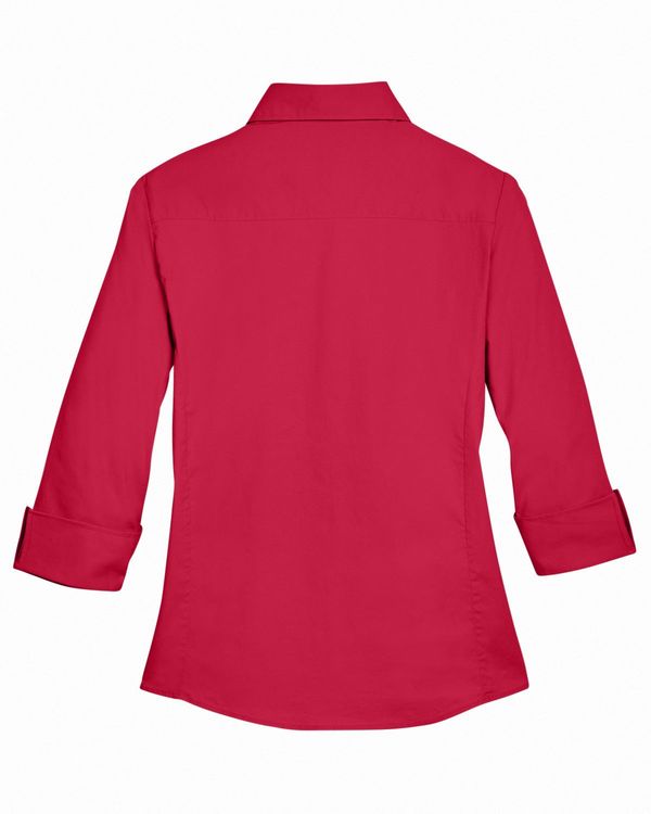 Am image of a Custom Devon and Jones Ladies Perfect Fit Three Quarters Sleeve Stretch Poplin Blouse in Red!