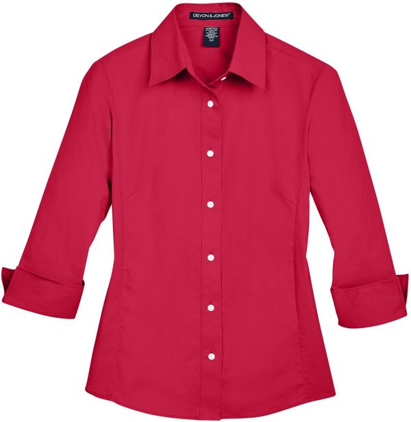 Am image of a Custom Devon and Jones Ladies Perfect Fit Three Quarters Sleeve Stretch Poplin Blouse in Red!