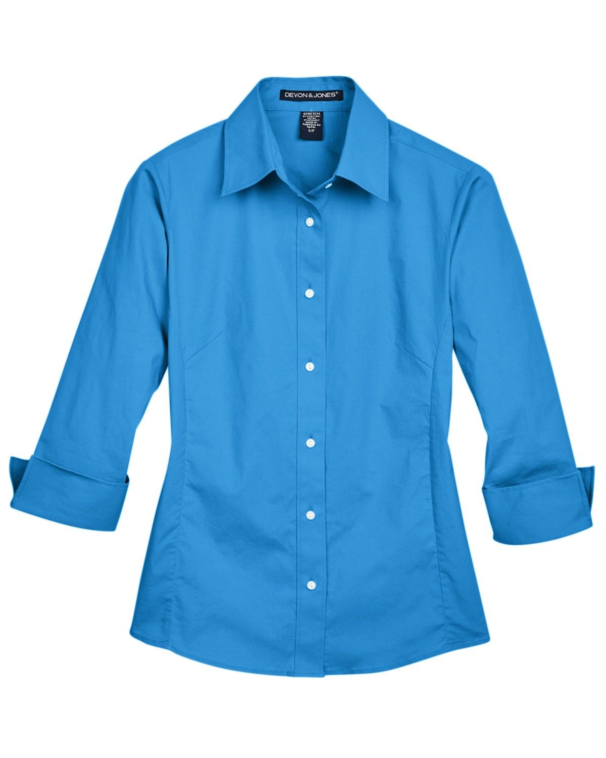 Devon and Jones Ladies Perfect Fit Three Quarters Sleeve Stretch Poplin Blouse in French Blue