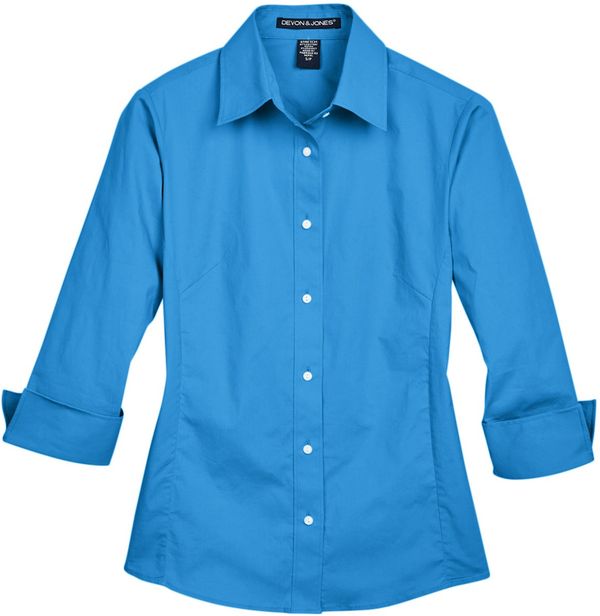 Am image of a Custom Devon and Jones Ladies Perfect Fit Three Quarters Sleeve Stretch Poplin Blouse in French Blue!